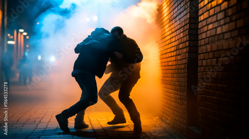 Two aggressive men fighting on the street at night