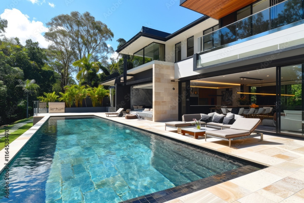 Fototapeta premium Modern Luxury: Beautiful Poolside Backyard of Contemporary Australian Mansion