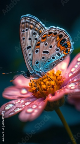Beautiful butterfly resting on a pink flower in a vibrant garden during the d...