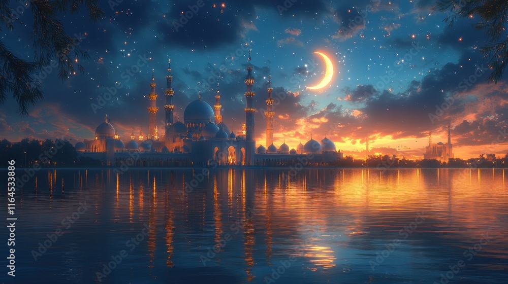 Majestic mosque at sunset, reflecting in calm water under crescent moon and starry sky. Majestic mosque at sunset, reflecting in calm water under crescent moon and starry sky.