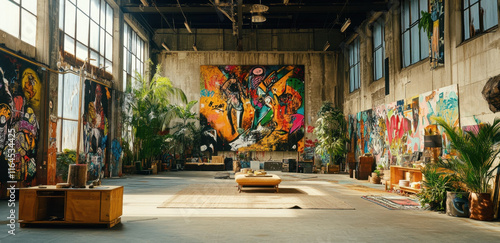 Wide shot captures an abandoned warehouse featuring colorful murals covering the walls. Plants adorn the space, creating a unique contrast with the industrial setting. photo