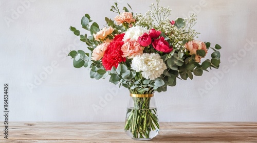 Wallpaper Mural Colorful bouquet of fresh flowers arranged in a clear glass vase on a wooden table Torontodigital.ca