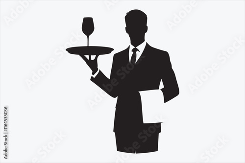 A silhouette of a waiter in a formal suit.