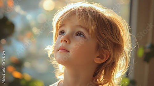 Child gazes upward with wonder while light filters through the window in a co...