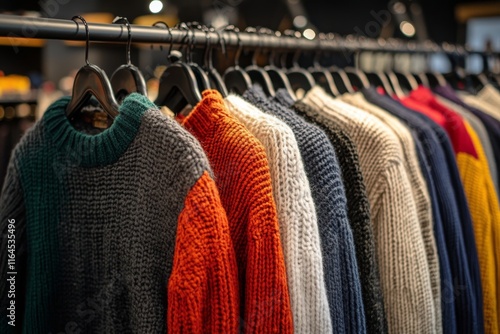Colorful knitted sweaters displayed on a rack in a cozy boutique during autumn