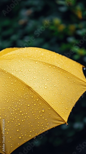 Bright yellow umbrella covered in raindrops during a rainy day photo