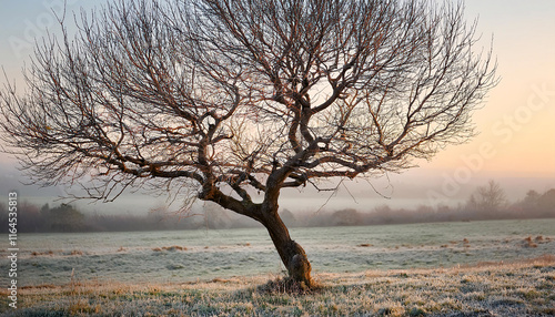 In early spring, a bare fruit tree stands proudly with its intricate, unpruned branches photo