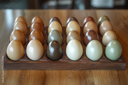 Unique collection of eggs arranged on wooden surface indoors at a farm setting