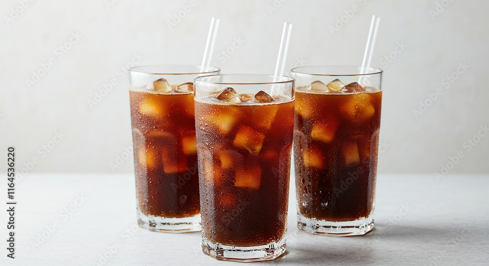 Three cold iced tea drinks in tall glasses on white background, refreshing summer drink concept Three cold iced tea drinks in tall glasses on white background, refreshing summer drink concept