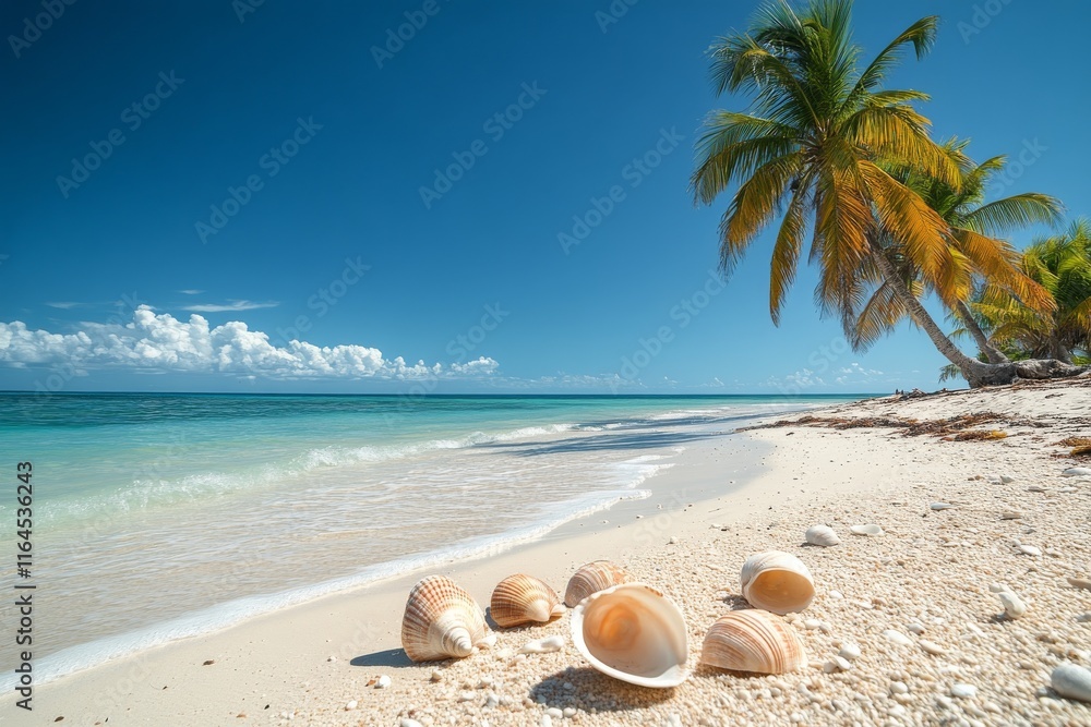 Beautiful beach with white sand and seashells under a clear blue sky in a tropical paradise Beautiful beach with white sand and seashells under a clear blue sky in a tropical paradise