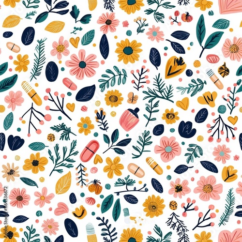 Colorful Floral Pattern with Various Flowers and Leaves on White Background