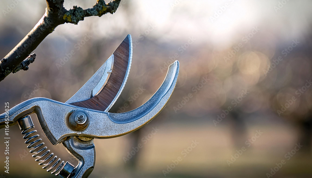 Fototapeta premium A gleaming pruning shear reflects gentle sunlight, poised for action against a backdrop of dormant fruit trees. February marks the season of preparation for blooming gardens and orchards