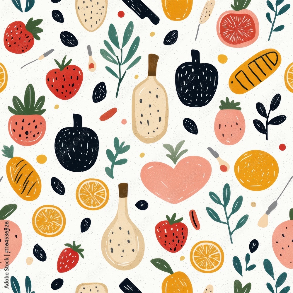 Colorful Pattern of Fruits and Kitchen Utensils on a Light Background Colorful Pattern of Fruits and Kitchen Utensils on a Light Background