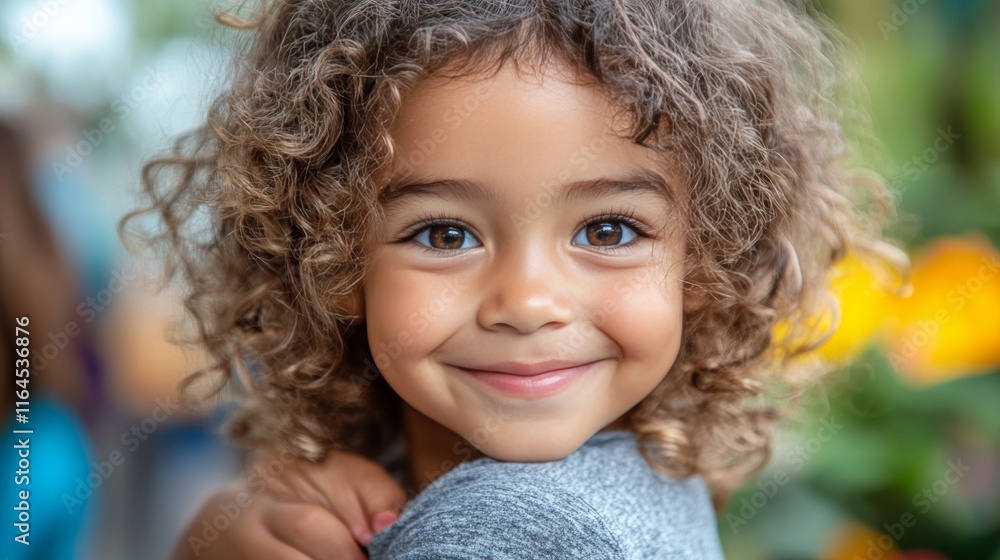 Happy child with curly hair smiling warmly in a vibrant indoor setting Happy child with curly hair smiling warmly in a vibrant indoor setting