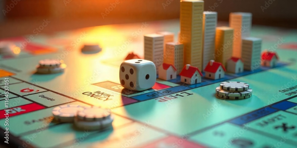 Monopoly game in action with buildings, dice, and houses under warm lighting during evening playtime