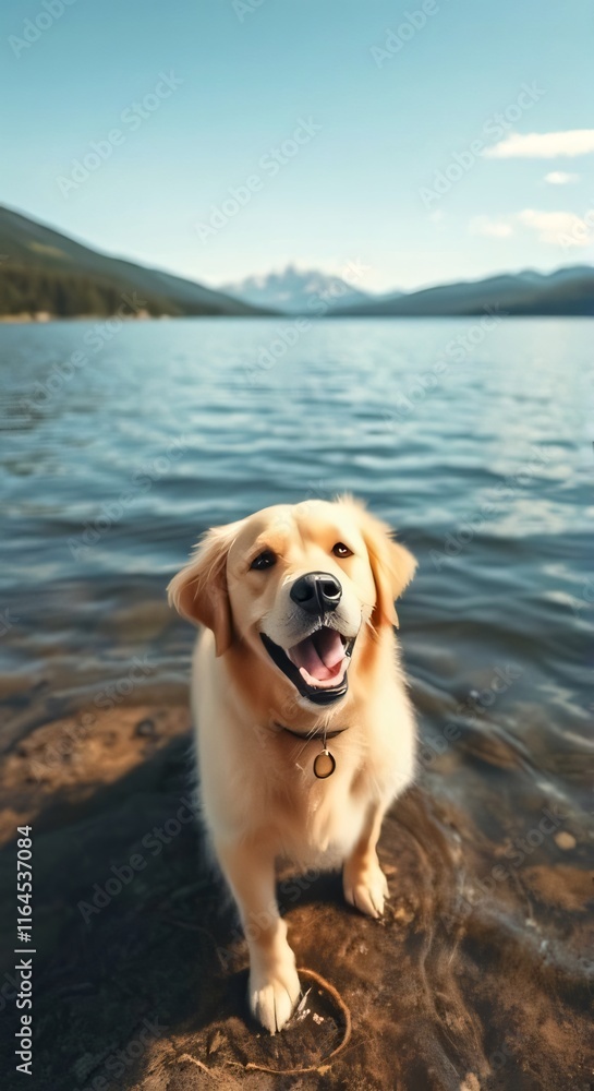 Energetic Golden Retriever in vibrant lake scenery Energetic Golden Retriever in vibrant lake scenery