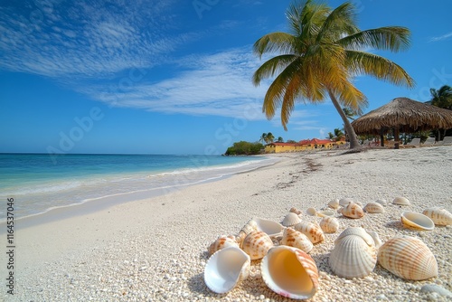 Beautiful beach with white sand and seashells under a clear blue sky in a tro...