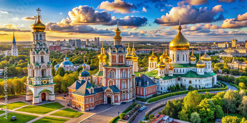 Golden domes of a historic monastery shine under a vibrant sunset while lush trees frame the view, showcasing the beauty of the surrounding cityscape