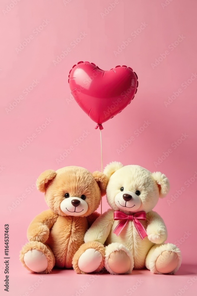 Two teddy bears sitting together on a soft pink background with a sweet heart-shaped balloon above them, balloon, balloons, love Two teddy bears sitting together on a soft pink background with a sweet heart-shaped balloon above them, balloon, balloons, love