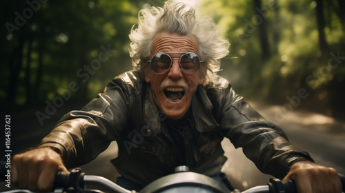 An elderly man with gray hair rides a motorcycle through a forested road, wearing a leather jacket photo