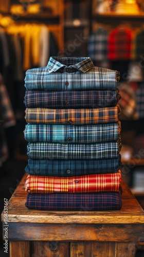 Stylishly folded plaid shirts displayed on a rustic wooden table in a trendy ...
