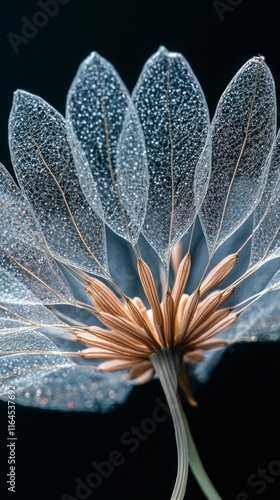Intricate details of a dandelion seed head illuminated against a dark backgro...