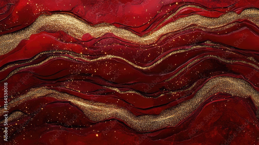 Obraz premium Rippled red textures with embedded golden sparkles and glowing lines for a luxurious abstract design.