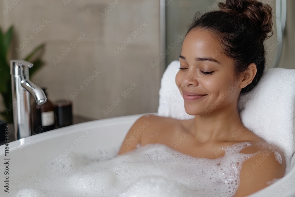 Naklejka premium A joyful woman is delighting in a bubbly bath, radiating happiness and relaxation, capturing a moment of pure self-care and tranquility in a serene environment.