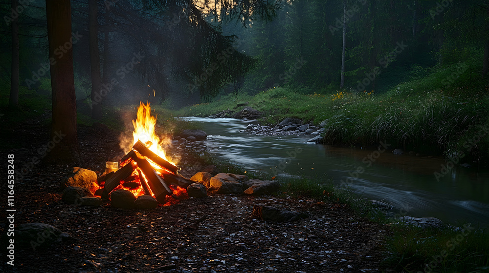 A serene campfire by a slow-flowing river, the surrounding forest alive with the sound of crickets and the gentle rustle of leaves A serene campfire by a slow-flowing river, the surrounding forest alive with the sound of crickets and the gentle rustle of leaves