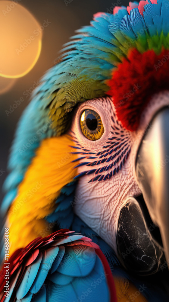Obraz premium Vibrant Macaw Portrait Closeup Eye, Feathers, Tropical Bird Colored Feathers