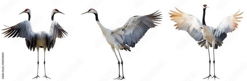 three elegant cranes in various poses. showcasing their long legs. slender bodies. and distinctive red crowns the first crane stands upright. the second displays its wings. and the third is in a simil three elegant cranes in various poses. showcasing their long legs. slender bodies. and distinctive red crowns the first crane stands upright. the second displays its wings. and the third is in a simil