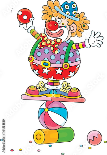 Funny red curly-headed clown equilibrist playing and balancing on a colorful ball, board and cylinder in a fun circus performance, vector cartoon illustration on a white background