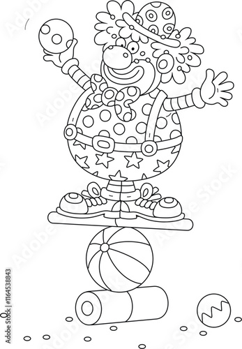 Funny curly-headed clown equilibrist playing and balancing on a ball, board and cylinder in a fun circus performance, black and white vector cartoon illustration for a coloring book