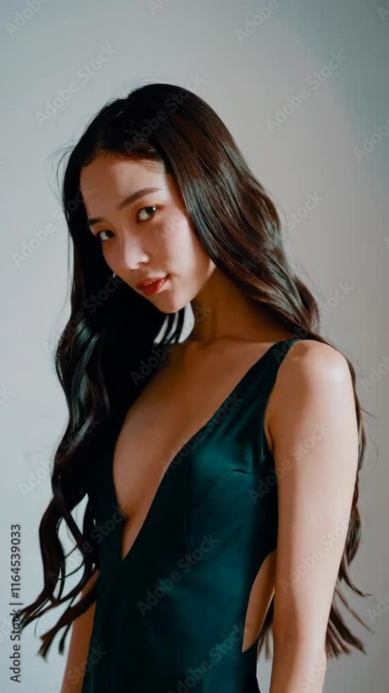 Captivating Model Shot Featuring Long, Wavy Hair in Soft Lighting Footage Captivating Model Shot Featuring Long, Wavy Hair in Soft Lighting Footage