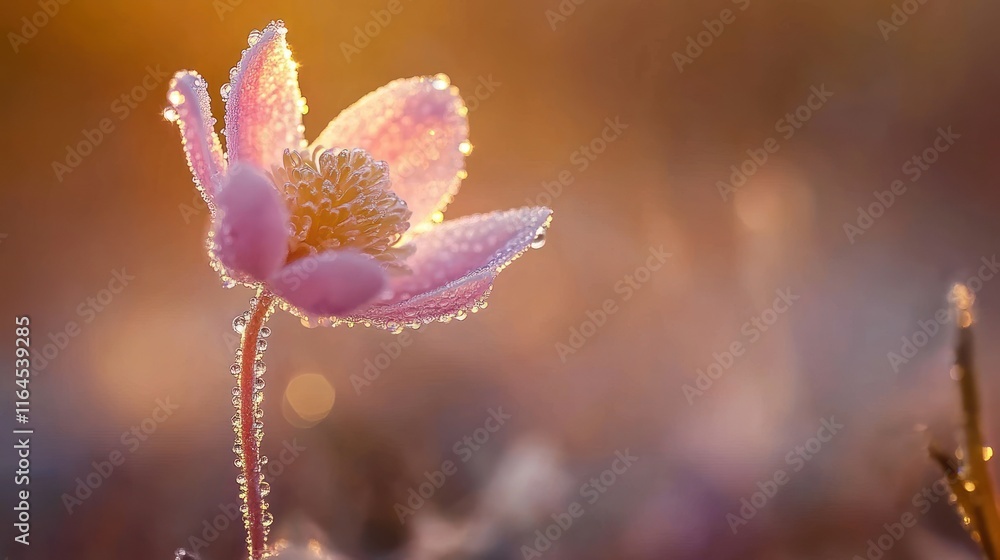 Dew-kissed pink flower at sunrise. Dew-kissed pink flower at sunrise.