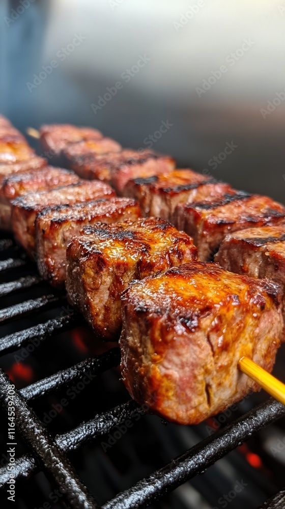 Grilled Beef Skewers Cooking on Barbecue with Smoky Background Highlighting Juicy Meat and Charred Edges for Outdoor Summer BBQ Meal and Culinary Delight Grilled Beef Skewers Cooking on Barbecue with Smoky Background Highlighting Juicy Meat and Charred Edges for Outdoor Summer BBQ Meal and Culinary Delight