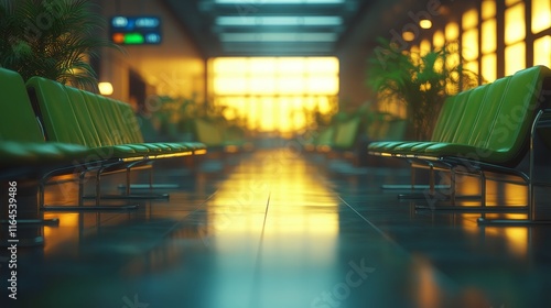 Bright morning light illuminates empty airport terminal with green seating an...