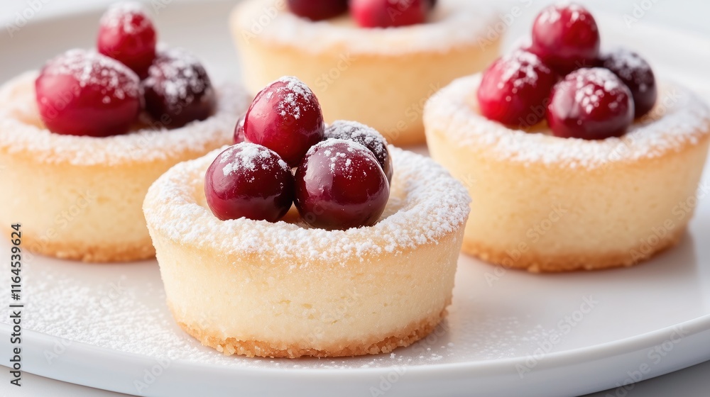 Festive Mini Tarts Dusted with Powdered Sugar and Topped with Fresh Cranberries on White Plate for Holiday Dessert Festive Mini Tarts Dusted with Powdered Sugar and Topped with Fresh Cranberries on White Plate for Holiday Dessert