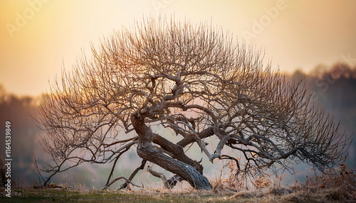 Bare branches of a fruit tree stretch wide against a soft sunset sky, showcasing nature's beauty in winter dormancy. February marks the time for careful pruning and preparation