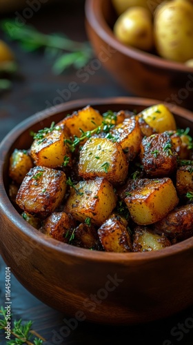 Crispy roasted potatoes with herbs served in a wooden bowl on a rustic table