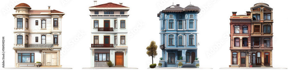 Fototapeta premium four distinct architectural designs of buildings. showcasing a variety of styles and colors each building has unique features such as balconies. decorative elements. and varied roof designs. highlight