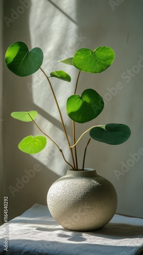 Indoor plant in a decorative pot on a table with modern decor in a well-lit l...