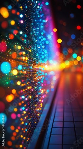 Vibrant display of colorful lights reflecting on a dark surface in an urban e...