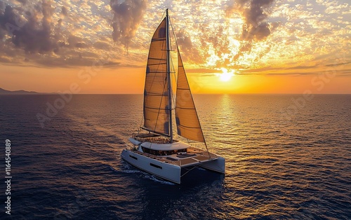 Catamaran sailing at sunset, ocean view.