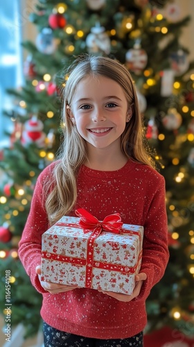 Smiling girl holds wrapped holiday gift in front of Christmas tree decorated ...