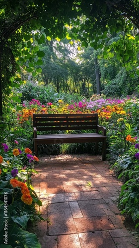 Serenity of a garden trail featuring a wooden bench surrounded by vibrant flo...