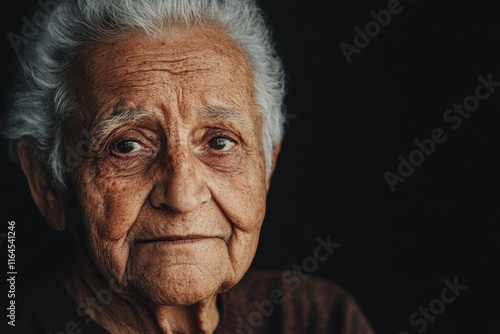 Elderly Woman with Deep Expression Against Dark Background: Wisdom of Aging