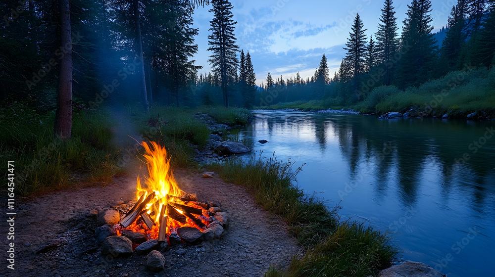 Campfire glowing against the backdrop of a clear river, surrounded by tall pine trees and the sound of distant wildlife echoing through the forest