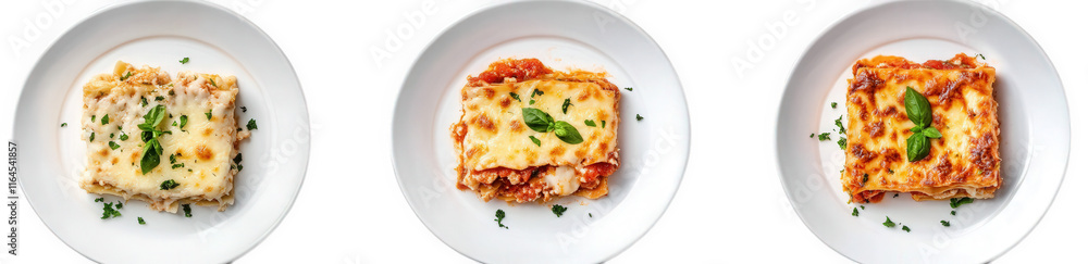 three plates of lasagna. each with a distinct appearance. garnished with fresh herbs. highlighting different styles of this classic italian dish the presentation emphasizes the variety and appeal of l