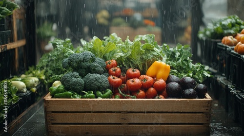 Freshly harvested tomatoes and broccoli receive water spray in a farmer's mar...